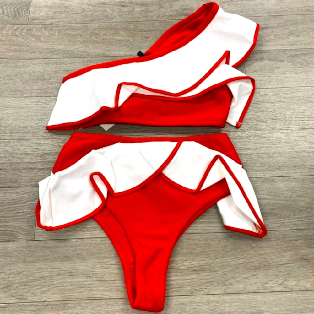 WOW Couture One Shoulder Ruffle Sailor Bandage Bikini Swimsuit Set NWT - Picture 2 of 3